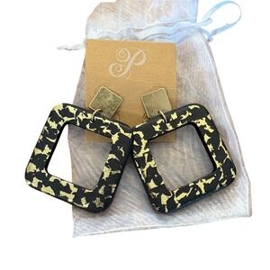 Statement Earrings Black Gold‎ Geometric Square Dangle Drop Chic Fashion Jewelry